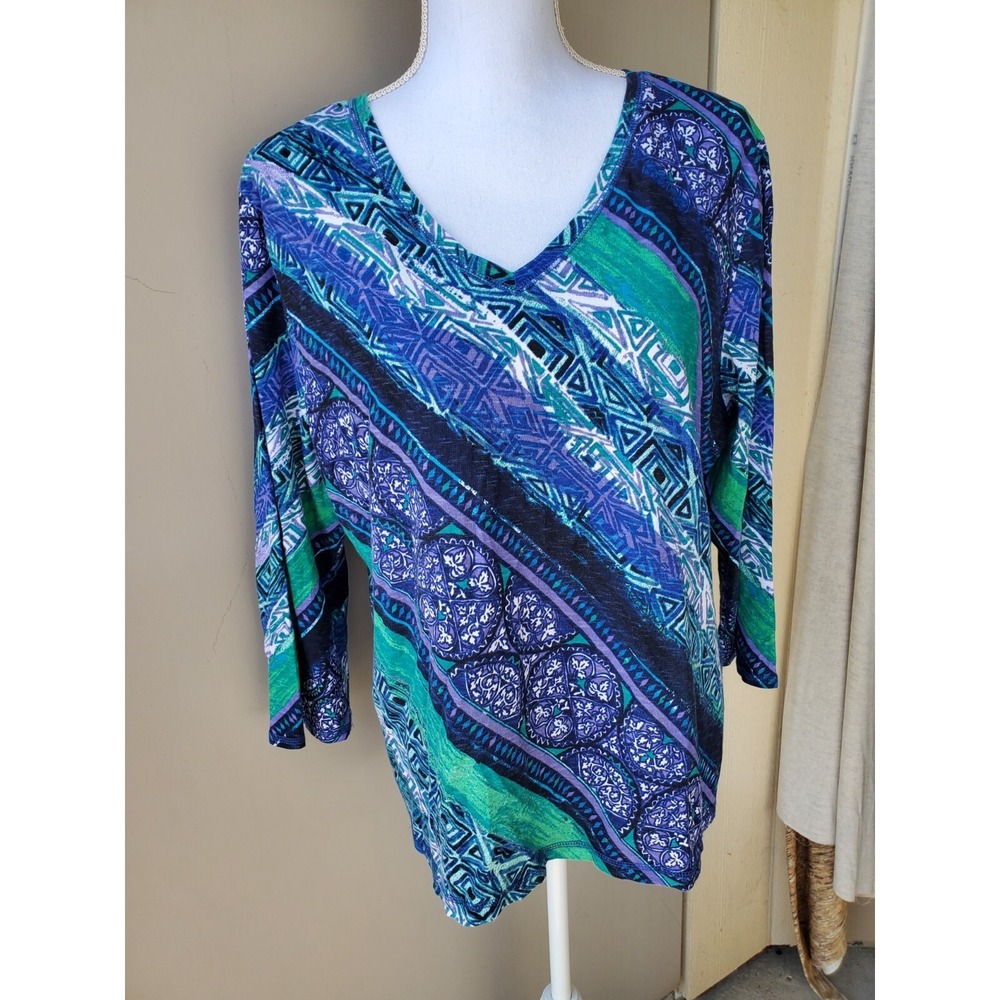 Chicos Shirt Women XL Blue Green Geometric Cotton V-Neck Boho Tribal Vibrant Top